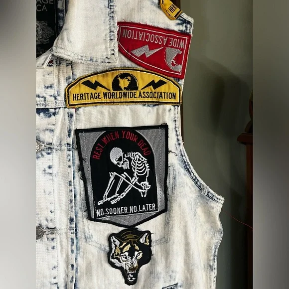 Heritage America 1776 250 years Bleached Denim Biker Moto Patch Vest XXL - Picture 2 of 7